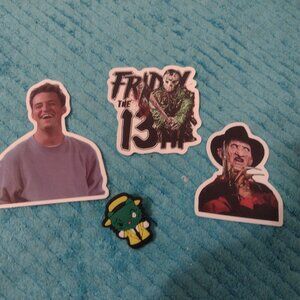 Lot of 90s stickers and croc charm - Freddy Kreuger, Friends, Hello Kitty Mask